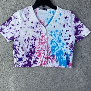 Brandy Melville Womens Crop Top Short Sleeve Button Down Multicolor Tye-Die